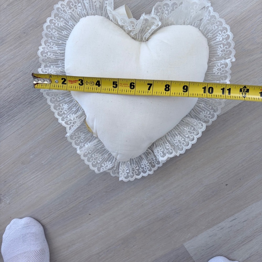 Vintage Heart Shaped Decorative Pillow Blue Floral Lace Trim Cream Ribbon Bow - Picture 3 of 6
